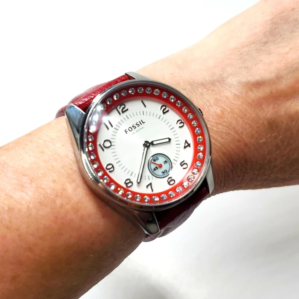 Fossil Watch AM-4188 Silver Watch Red Leather Band Crystal Bling
